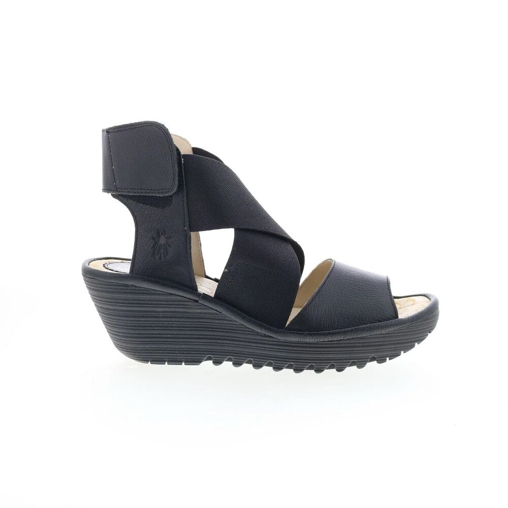 NEW FLY London Womens Size 6.5-7 37 Yuba Black Leather Crossover Wedge Sandals